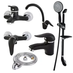 ست 6 تیکه شیرآلات صدف مشکی کروم همراه علم دوش حمام و شلنگ توالت