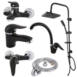 ست 6 تیکه شیرآلات صدف مشکی کروم همراه علم دوش دوکاره حمام و شلنگ توالت