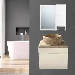 روشویی کابینتی دیواری کوچک سفید سایز 50 با سنگ طبیعی کِرِم همراه آینه باکس