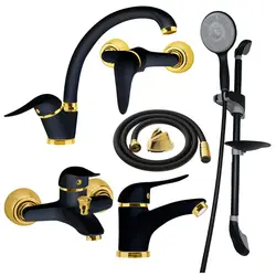 ست 6 تیکه شیرآلات صدف مشکی طلایی همراه علم دوش حمام و شلنگ توالت