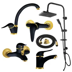 ست 6 تیکه شیرآلات صدف مشکی طلایی همراه علم دوش دوکاره حمام و شلنگ توالت