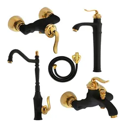 شیرآلات هلن مشکی طلایی پایه بلند همراه شلنگ توالت مشکی طلایی
