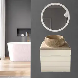روشویی کابینتی دیواری کوچک سفید سایز 50 با سنگ طبیعی کِرِم همراه آینه گرد
