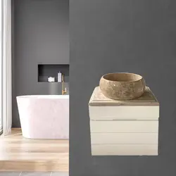 روشویی کابینتی دیواری کوچک سفید سایز 45 با سنگ طبیعی کِرِم