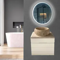روشویی کابینتی دیواری کوچک سفید سایز 40 با سنگ طبیعی کِرِم همراه آینه گرد بک لایت