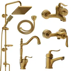 ست 6 تیکه شیرآلات قاجاری طلایی مات همراه علم دوش دوکاره حمام و شلنگ توالت