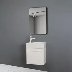 کوچکترین روشویی کابینتی دیواری سفید با سنگ آتیلا پارس سرام شیر بغل همراه آینه بک لایت مستطیل