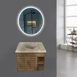 روشویی کابینتی دیواری طرح چوب با سنگ طبیعی توکار سایز 60 دکوردار همراه آینه بک لایت گرد