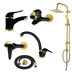 ست 6 تیکه شیرآلات صدف مشکی طلایی همراه علم دوش دوکاره حمام و شلنگ توالت
