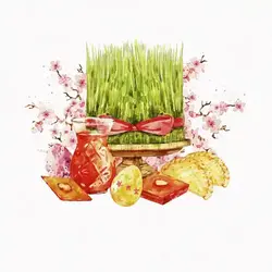 طرح لایه باز وکتور هفت سین نقاشی شده نماد عید نوروز ایرانی