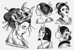 وکتور مجموعه طرح تاتو گیشا دختر ژاپنی