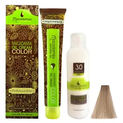 رنگ مو ماکادامیا شماره 9.12 حجم 100 میلی لیتر رنگ بلوند ماسه ای خیلی روشن به همراه اکسیدان ماکادامیا مدل 30vol نه درصدی حجم 150 میلی لیتر