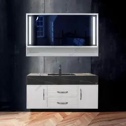 روشویی مدرن سرامیکی کابینتی دیواری سفید مشکی فول ست کاسه توکار 120 سانت کد CF502