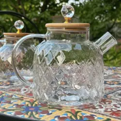 قوری پیرکس درب بامبو با قبه الماس طرح جدید حجم یک لیتر