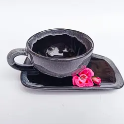 فنجان نعلبکی لاته آرت رنگ مشکی متالیک مدل black& white  ست 6 عددی سرامیکی