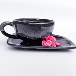 فنجان نعلبکی لاته آرت رنگ مشکی متالیک مدل black& white  ست 6 عددی سرامیکی