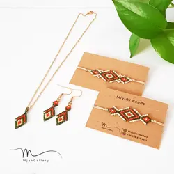 M0076 _ ست گردنبند، گوشواره، دستبند و پابند نارنجی و سبز ( منجوق میوکی )