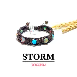 دستبند سنگ اصل بافت چرمی فیروزه و جاسپر