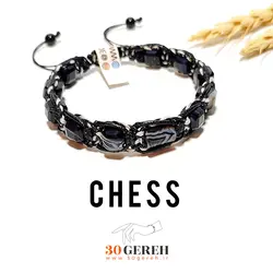 دستبند سنگی عقیق سیاه اصل درجه یک با تراش خاص و جواهری دستبند شطرنج بافت چرمی