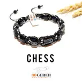 دستبند سنگی عقیق سیاه اصل درجه یک با تراش خاص و جواهری دستبند شطرنج بافت چرمی