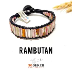 دستبند سنگی کوارتز چری اصل و معدنی تراش لوله ای بافت چرم ضخیم دستبند رامبوتان