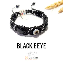 دستبند سنگی و چرم اصل و خاص چشم سیاه بافت گیس پیچ سنگ عقیق سیاه و عقیق باباقوری اصل