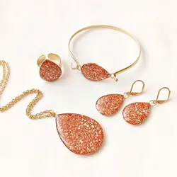 ست ‌کامل اشک رزگلد زیورآلات طلایی استیل و برنج انگشتر دستبند گوشواره گردنبند بدلیجات دستساز اکسسوری