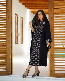 مانتو پیراهنی کفتان کرسپو جت بلک خرجکار لینن طرحدار و پولکدوزی