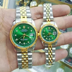 ساعت رولکس ست زنانه و مردانه صفحه سبز خاص تقویم دار رنگ ثابت استیل ضدآب ارسال رایگان با جعبه همراه با فیلم تست ضد اب