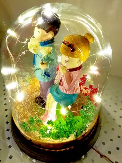 باکس هدیه طرح دختر پسر نیمکت نشین با درختچه خشک طبیعی