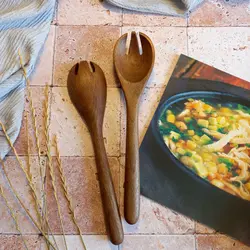 ملاقه چنگالی چوبی دستساز بارلی مدل یونا 25 سانتی چوب گردو مناسب انواع خورشت و سالاد و بورانی کد bar0158