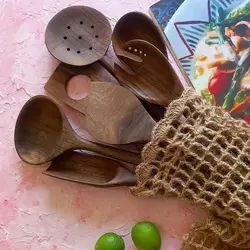 ست کفگیر ملاقه چوبی دستساز بارلی ویژه جهیزیه عروس کاوردار 7 تکه چوب گردو 25 سانتی کد bar0029