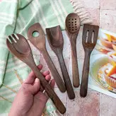 سرویس قاشق چوبی دستساز بارلی ویژه جهیزیه عروس کاوردار 6 تکه چوب ون 25 سانتی کد bar0033