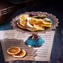 شیرینی خوری فیروزه کوبی نیشابور 22 قلم زنی شده و شبکه بری دستی میوه خوری فیروزه نیشابور صنایع دستی سایروس