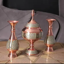 ست گلدان 20 و شکلات خوری 25 مس و خاتم گز خوری یا قندان پایه دار ست سه تکه مس و خاتم صنایع دستی