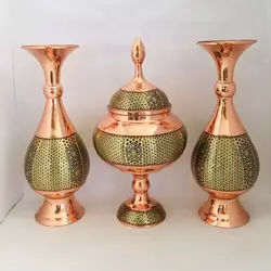 ست سه تکه سرویس شکلات خوری و گلدان 25 سانتی مس و خاتم کاری گز خوری یا قندان پایه دار
