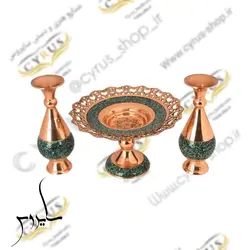 ست سه تکه فیروزه کوبی گلدان و شیرینی خوری 20 مس و فیروزه کوبی نیشابور قلم زنی شده و لب شبکه ای صنایع دستی سایروس