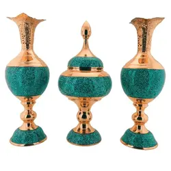 ست سه تکه سنبلدان یا گلدان فیروزه کوبی قلم زنی شده و لب شبکه ای و شکلات خوری مس و فیروزه کوبی نیشابور صنایع دستی سایروس