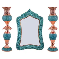 ست سه تکه لاله و آینه 36 سانتی مس و فیروزه کوبی نیشابور قلم زنی شده و لب شبکه ای دکوری و هفت سین اینه و شمعدان سایروس