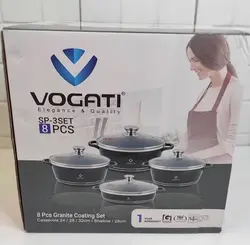 سرویس قابلمه 8 تکه گرانیتی وگاتی . رنگ مشکی شامل قابلمه به سایزهای 20،24و 28 و یک عدد ماهیتابه سایز 28