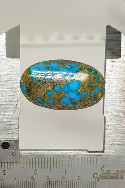 سنگ فیروزه خاص و بسیار زیبای نیشابوری، رنگ کمیاب و بسیار زیبای آبی محک، ذات عالی شجری با رگه های طلایی رنگ، جلای سرامیکی و بسیار درخشان، تراش بیضی دامله باب رکاب، مناسب برای انگشتر مردانه دستبند و مدال، اصیل و زنده با رنگ طبیعی