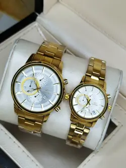 ساعت ست الگانس طرح سه موتوره کرنوگراف رنگ ثابت طلایی با جعبه