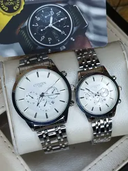 ساعت استیل ست و تک سیتیزن طرح کرنوگراف سه موتوره تقویم دار با جعبه زنانه و مردانه