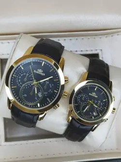 ساعت ست الگانس زنانه و مردانه طرح سه موتوره کرنوگراف بندچرم تقویم دار باجعبه هدیه