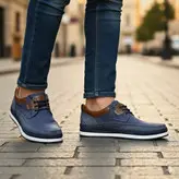 کفش روزمره مردانه مدل چرم طبیعی کد 0077 رنگ آبی