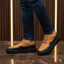 کفش روزمره مردانه مدل چرم طبیعی کد 00133t.k رنگ عسلی