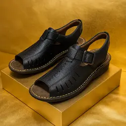 صندل مردانه مدل چرم طبیعی کد 042 رنگ مشکی