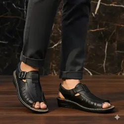 صندل مردانه مدل چرم طبیعی کد 042 رنگ مشکی