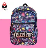 کیف مدرسه ای دبستانی دخترانه طرح فانتزی شیک و جادار قلب و پروانه مارک پولک دوزی رنگ سورمه ای