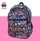 کیف مدرسه ای دبستانی دخترانه طرح فانتزی شیک و جادار قلب و پروانه مارک پولک دوزی رنگ سورمه ای